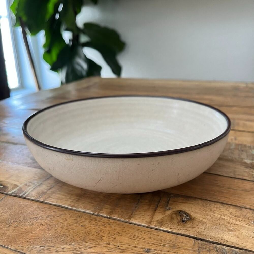 Anthropologie Ceramic Bowl 7.5 in Matte Cream Brown Rim Botanical Stamp